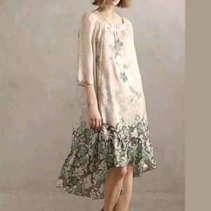 Anthropologie Vanessa Virginia Silk Dress Rainforest High Low Hem Cream Ivory